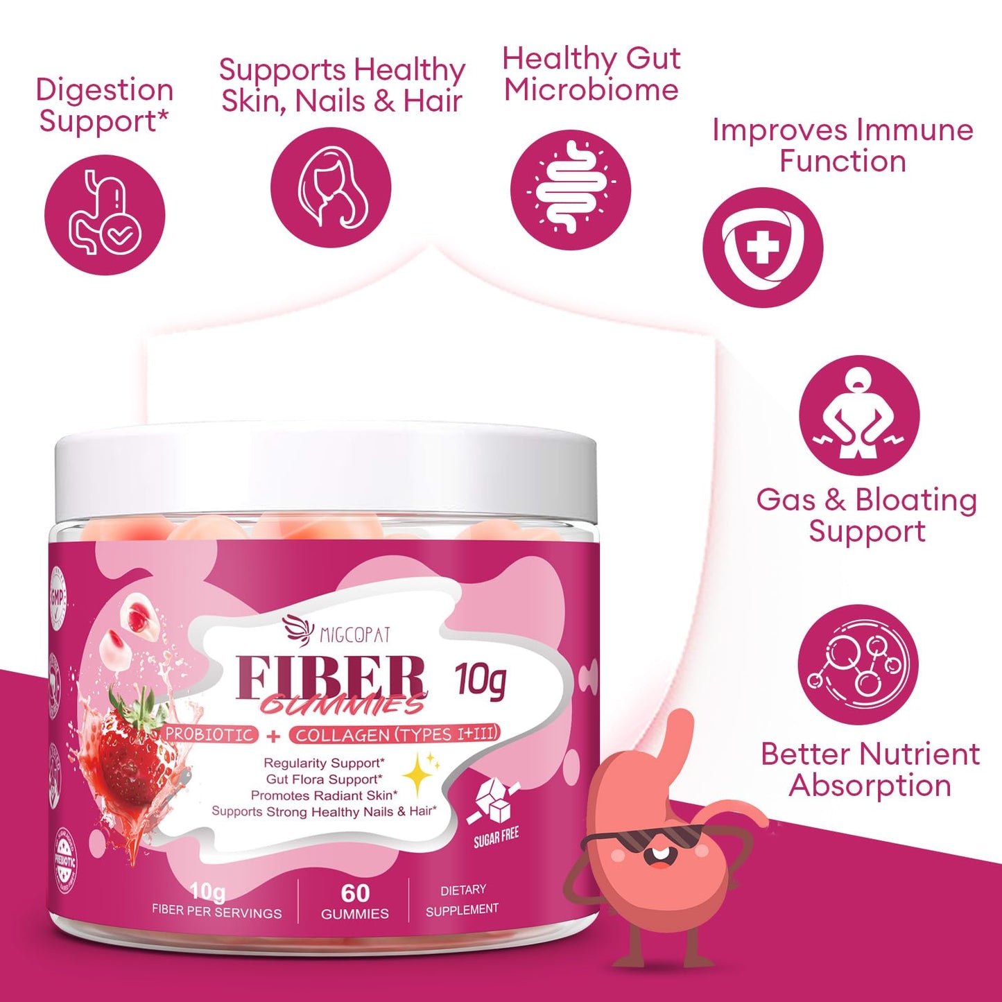Migcopat 10G Fiber Gummies with Collagen Peptides, Hyaluronic Acid, Vitamin C, ACV, 30 Billion CFU Probiotics – Sugar Free Collagen Gummy for Skin, Hair & Nails – Digestive Health Support – 60 Cts - dailyvitalstore
