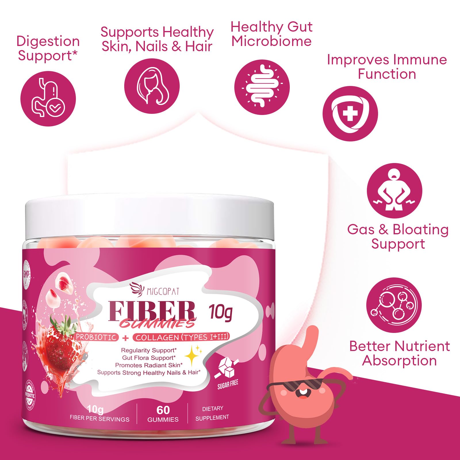 Migcopat 10G Fiber Gummies with Collagen Peptides, Hyaluronic Acid, Vitamin C, ACV, 30 Billion CFU Probiotics – Sugar Free Collagen Gummy for Skin, Hair & Nails – Digestive Health Support – 60 Cts - dailyvitalstore