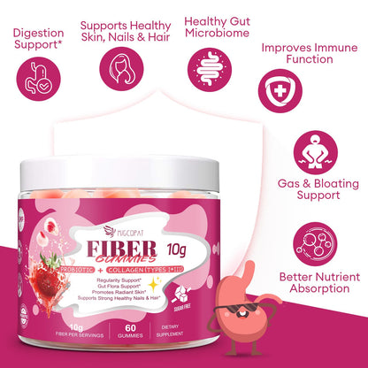 Migcopat 10G Fiber Gummies with Collagen Peptides, Hyaluronic Acid, Vitamin C, ACV, 30 Billion CFU Probiotics – Sugar Free Collagen Gummy for Skin, Hair & Nails – Digestive Health Support – 60 Cts - dailyvitalstore