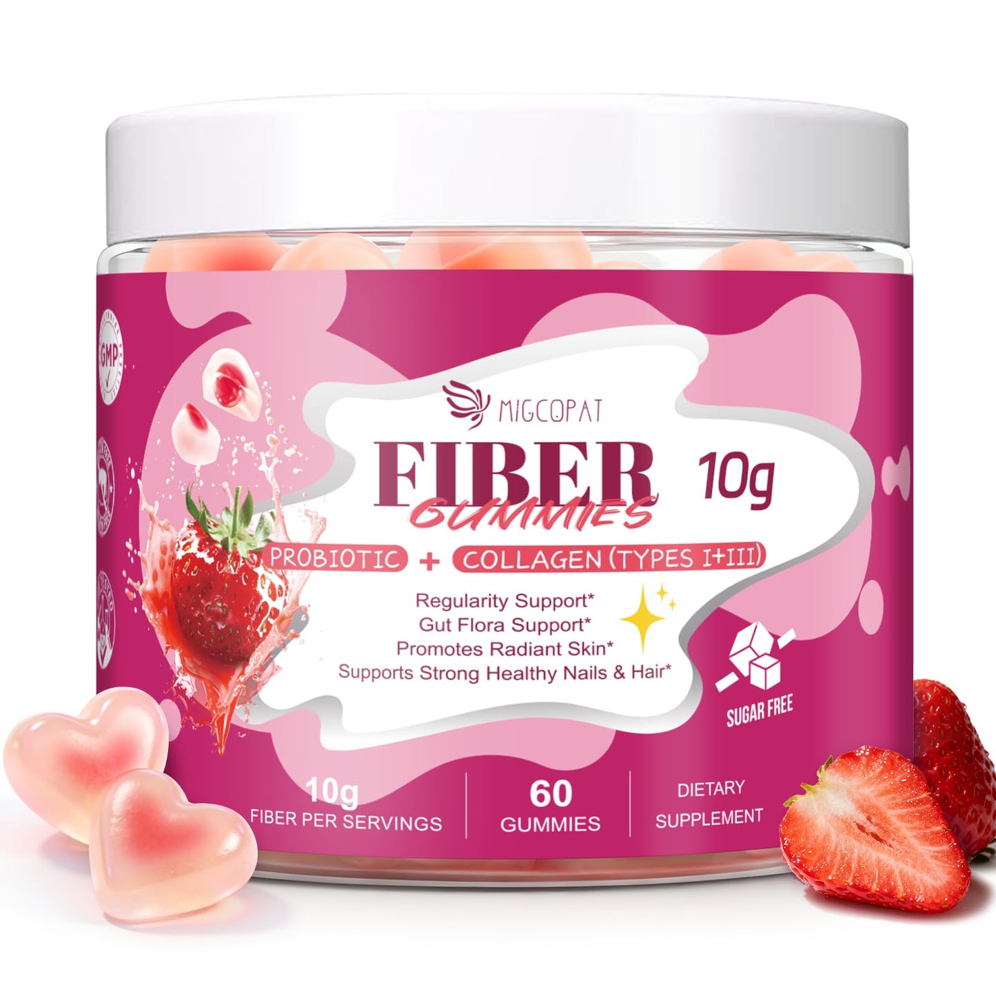 Migcopat 10G Fiber Gummies with Collagen Peptides, Hyaluronic Acid, Vitamin C, ACV, 30 Billion CFU Probiotics – Sugar Free Collagen Gummy for Skin, Hair & Nails – Digestive Health Support – 60 Cts - dailyvitalstore