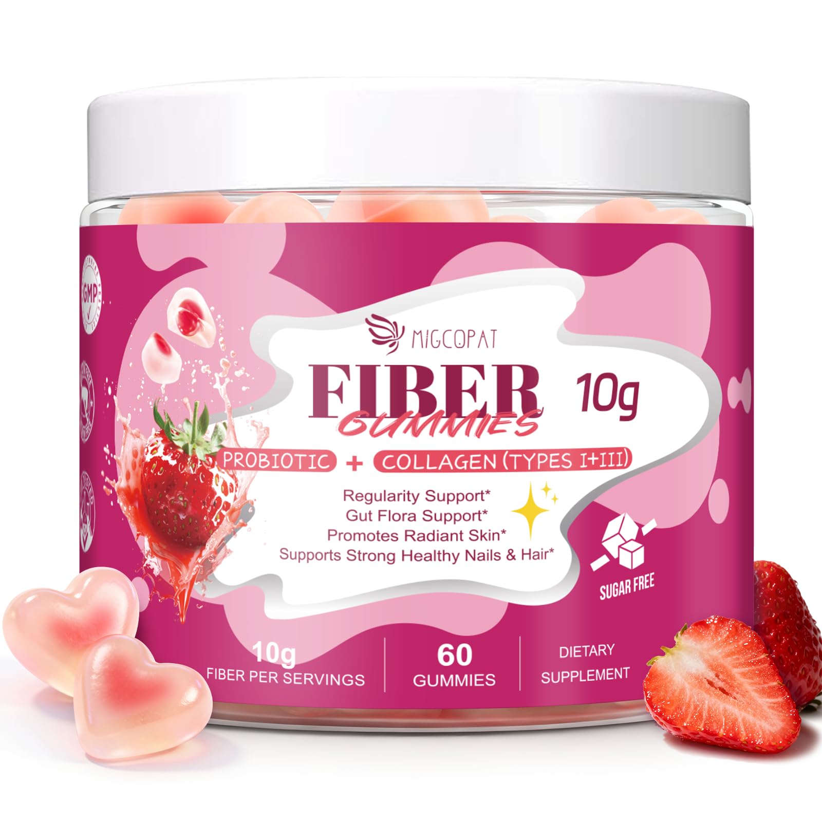 Migcopat 10G Fiber Gummies with Collagen Peptides, Hyaluronic Acid, Vitamin C, ACV, 30 Billion CFU Probiotics – Sugar Free Collagen Gummy for Skin, Hair & Nails – Digestive Health Support – 60 Cts - dailyvitalstore