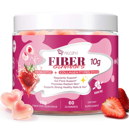 Migcopat 10G Fiber Gummies with Collagen Peptides, Hyaluronic Acid, Vitamin C, ACV, 30 Billion CFU Probiotics – Sugar Free Collagen Gummy for Skin, Hair & Nails – Digestive Health Support – 60 Cts - dailyvitalstore