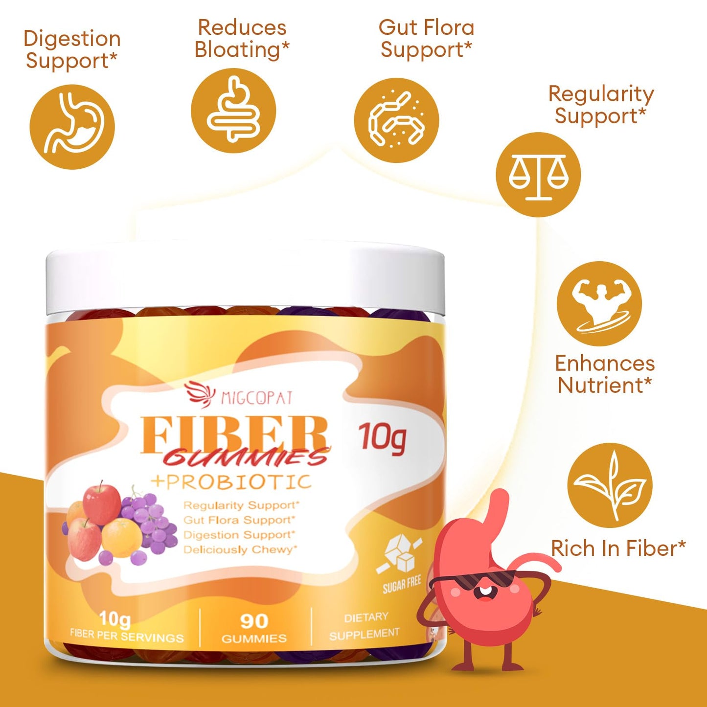 Migcopat 10G Fiber Gummies with Probiotics, Fiber Supplement with 30 Billion CFU Probiotics Blend, ACV, Vitamin C, Inulin - Support Digestive Health - dailyvitalstore