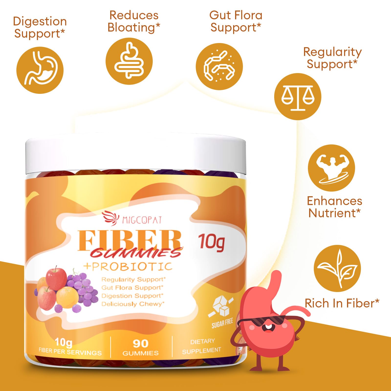 Migcopat 10G Fiber Gummies with Probiotics, Fiber Supplement with 30 Billion CFU Probiotics Blend, ACV, Vitamin C, Inulin - Support Digestive Health - dailyvitalstore