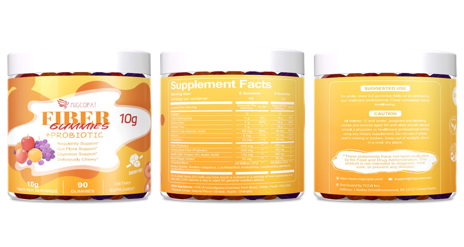 Migcopat 10G Fiber Gummies with Probiotics, Fiber Supplement with 30 Billion CFU Probiotics Blend, ACV, Vitamin C, Inulin - Support Digestive Health - dailyvitalstore
