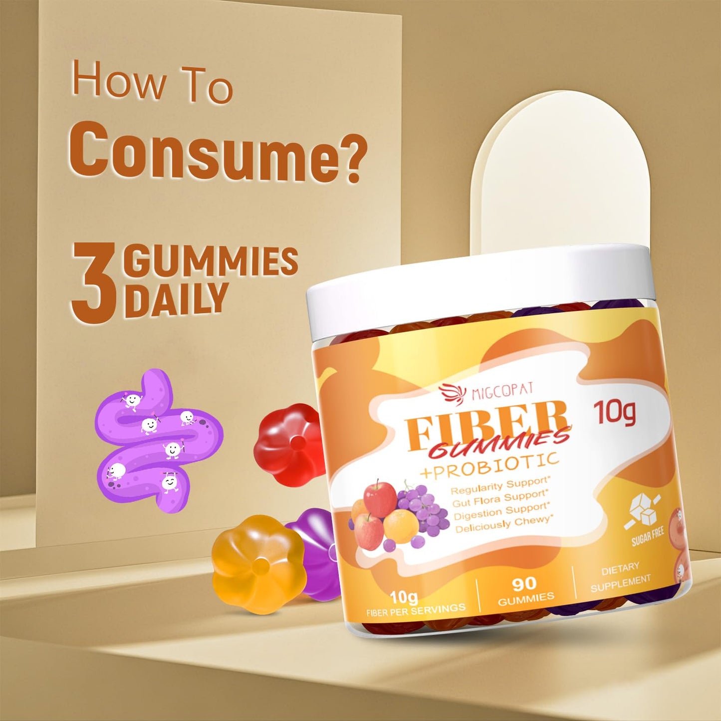 Migcopat 10G Fiber Gummies with Probiotics, Fiber Supplement with 30 Billion CFU Probiotics Blend, ACV, Vitamin C, Inulin - Support Digestive Health - dailyvitalstore