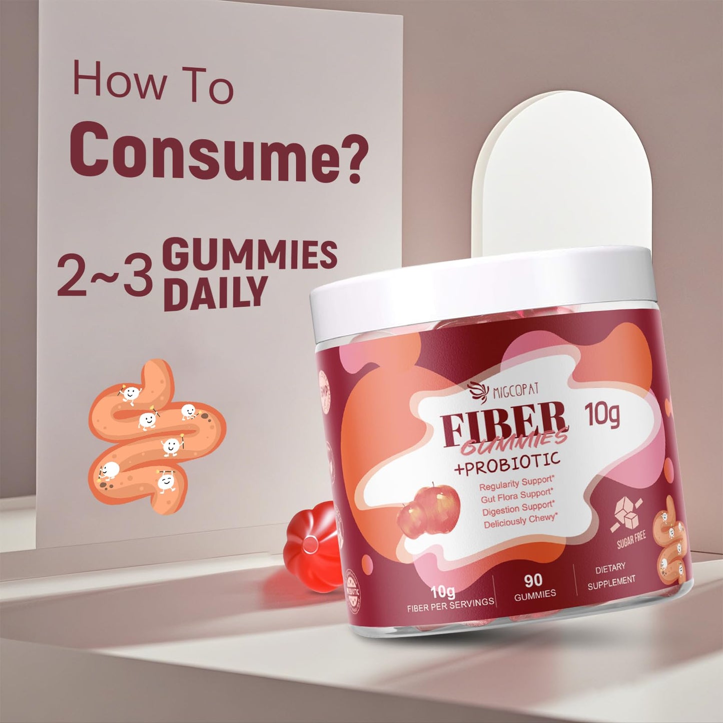 Migcopat Fiber Gummies with Probiotics,10G Fiber per Serving No Sugar Added Apple Flavor, with 10 Billion CFU Probiotics Blend, Apple Cider Vinegar, - dailyvitalstore