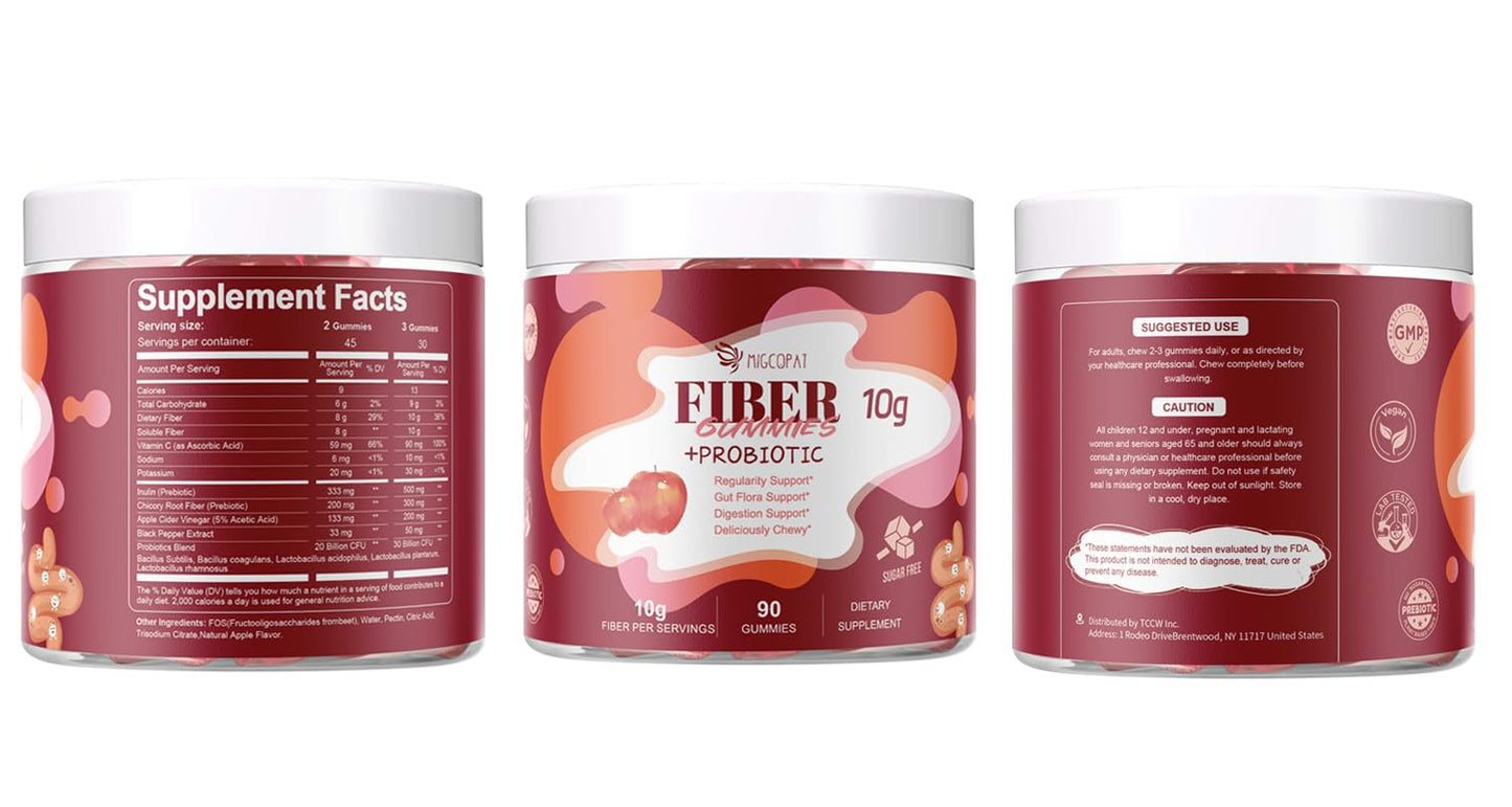 Migcopat Fiber Gummies with Probiotics,10G Fiber per Serving No Sugar Added Apple Flavor, with 10 Billion CFU Probiotics Blend, Apple Cider Vinegar, - dailyvitalstore