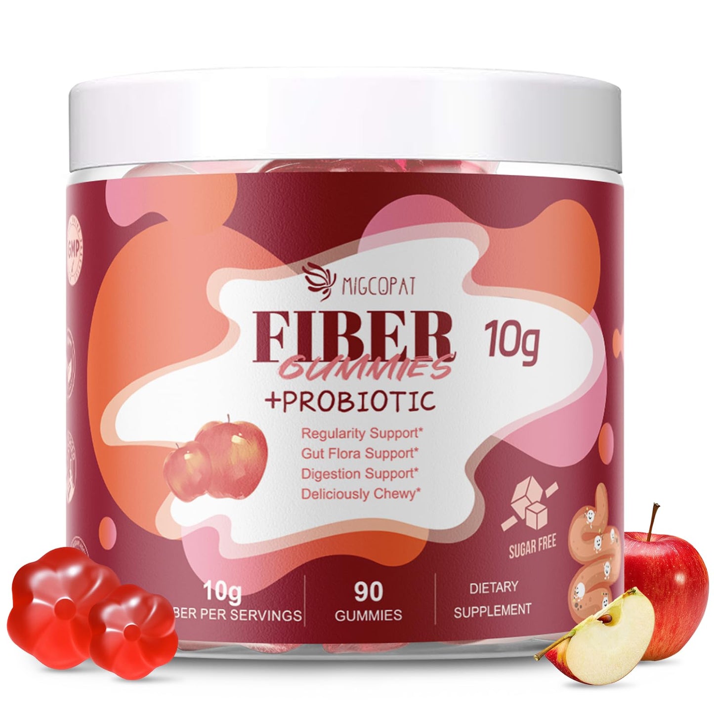 Migcopat Fiber Gummies with Probiotics,10G Fiber per Serving No Sugar Added Apple Flavor, with 10 Billion CFU Probiotics Blend, Apple Cider Vinegar, - dailyvitalstore