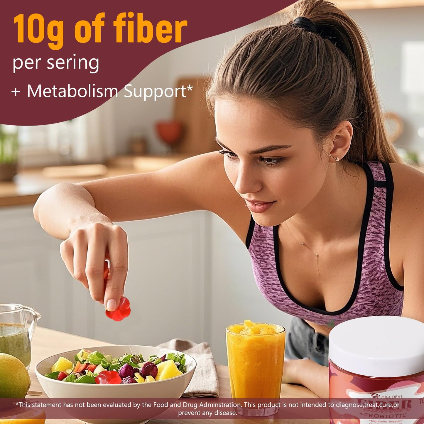 Migcopat Fiber Gummies with Probiotics,10G Fiber per Serving No Sugar Added Apple Flavor, with 10 Billion CFU Probiotics Blend, Apple Cider Vinegar, - dailyvitalstore
