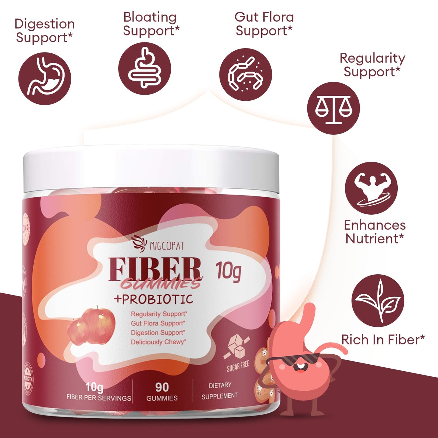 Migcopat Fiber Gummies with Probiotics,10G Fiber per Serving No Sugar Added Apple Flavor, with 10 Billion CFU Probiotics Blend, Apple Cider Vinegar, - dailyvitalstore