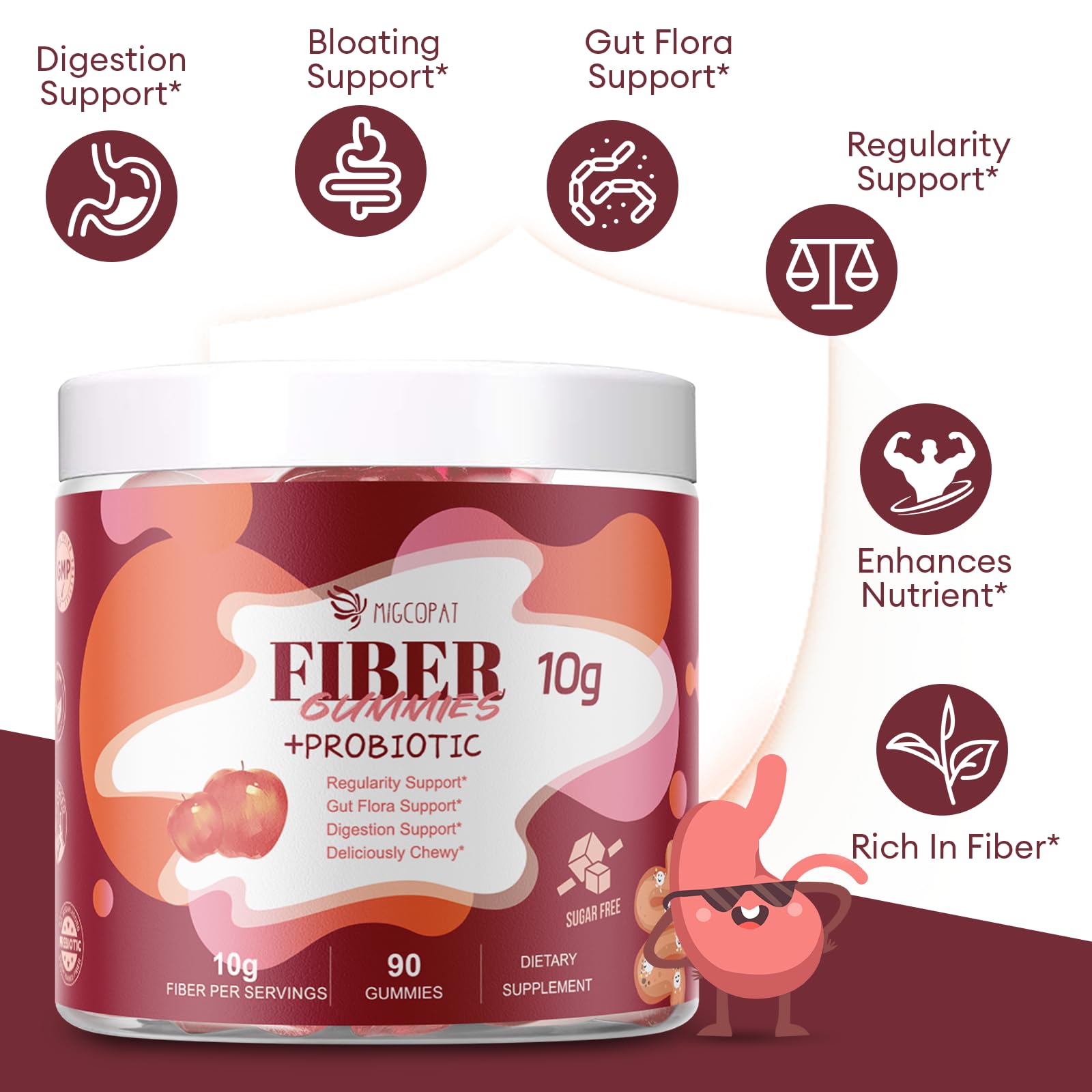 Migcopat Fiber Gummies with Probiotics,10G Fiber per Serving No Sugar Added Apple Flavor, with 10 Billion CFU Probiotics Blend, Apple Cider Vinegar, - dailyvitalstore