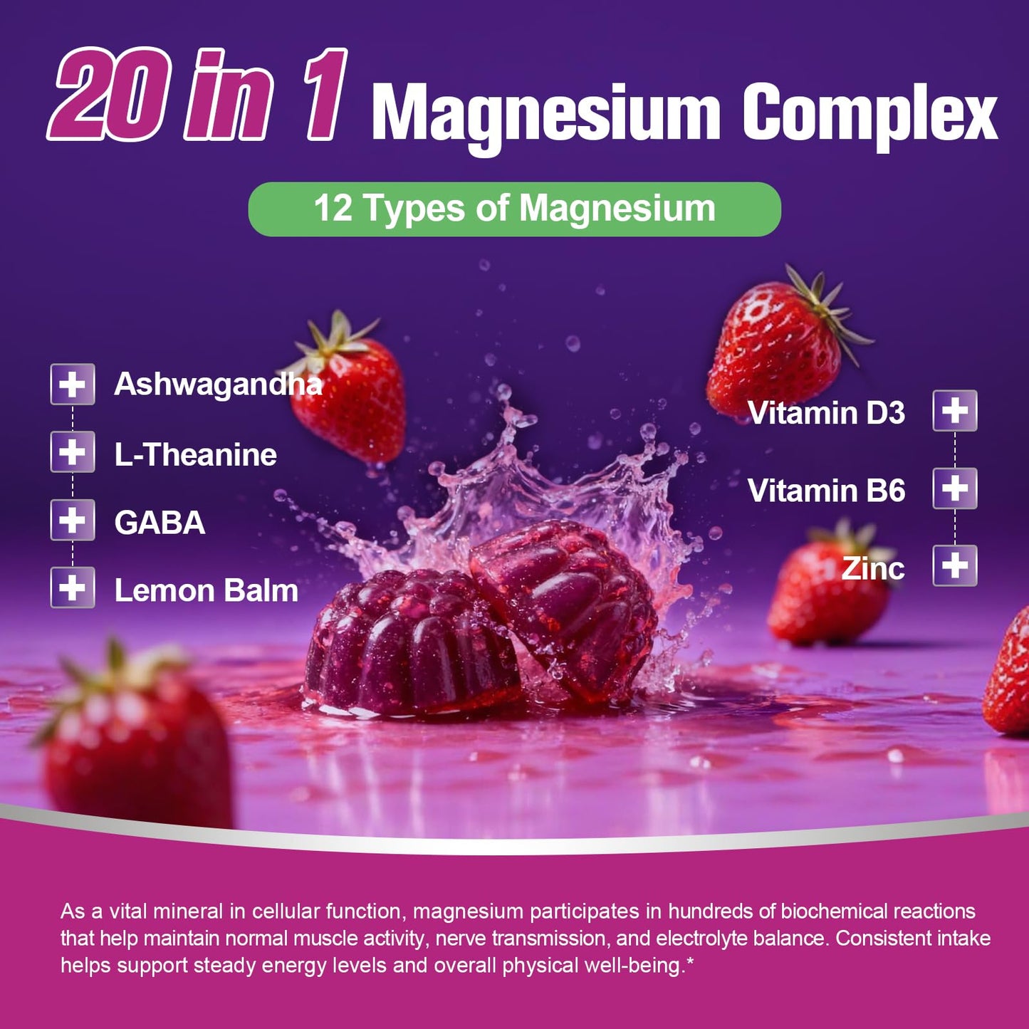 Migcopat Magnesium Complex Gummies, 20 in 1 Magnesium Gummy with Glycinate Citrate Malate Taurate - Ashwagandha, L-Theanine, D3&Zinc for Relaxation, Sleep, Muscle&Heart Support, Strawberry, 60 Cts - dailyvitalstore