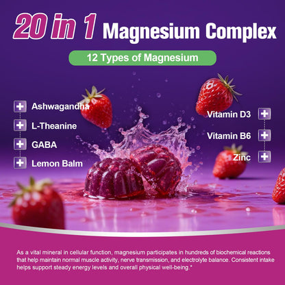 Migcopat Magnesium Complex Gummies, 20 in 1 Magnesium Gummy with Glycinate Citrate Malate Taurate - Ashwagandha, L-Theanine, D3&Zinc for Relaxation, Sleep, Muscle&Heart Support, Strawberry, 60 Cts - dailyvitalstore