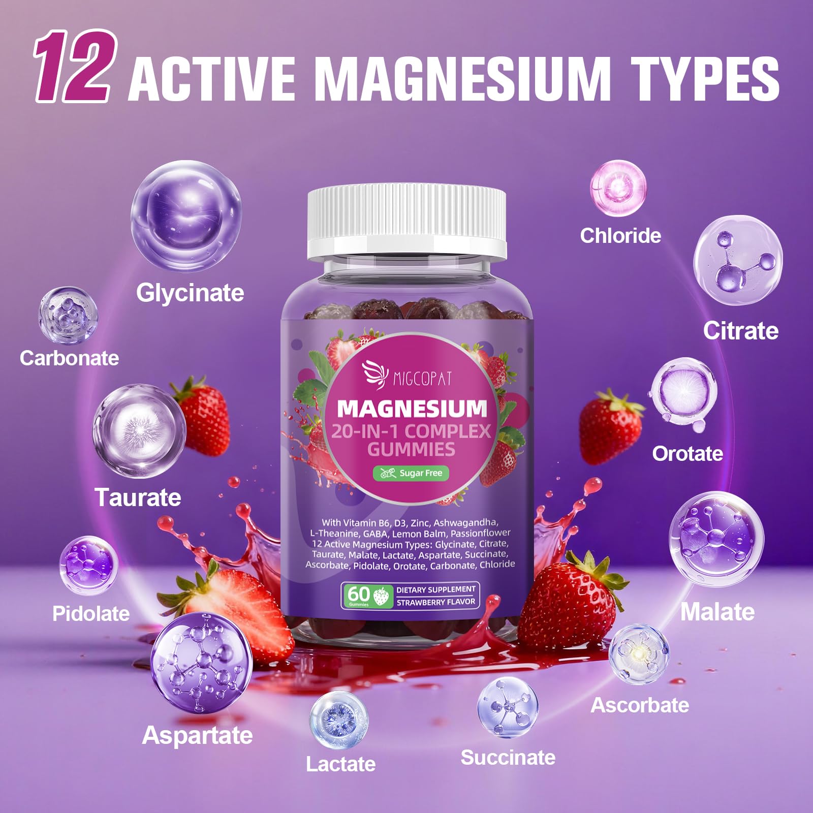 Migcopat Magnesium Complex Gummies, 20 in 1 Magnesium Gummy with Glycinate Citrate Malate Taurate - Ashwagandha, L-Theanine, D3&Zinc for Relaxation, Sleep, Muscle&Heart Support, Strawberry, 60 Cts - dailyvitalstore