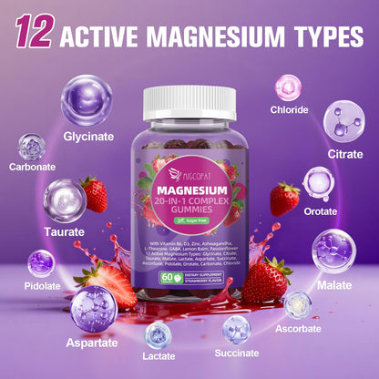 Migcopat Magnesium Complex Gummies, 20 in 1 Magnesium Gummy with Glycinate Citrate Malate Taurate - Ashwagandha, L-Theanine, D3&Zinc for Relaxation, Sleep, Muscle&Heart Support, Strawberry, 60 Cts - dailyvitalstore