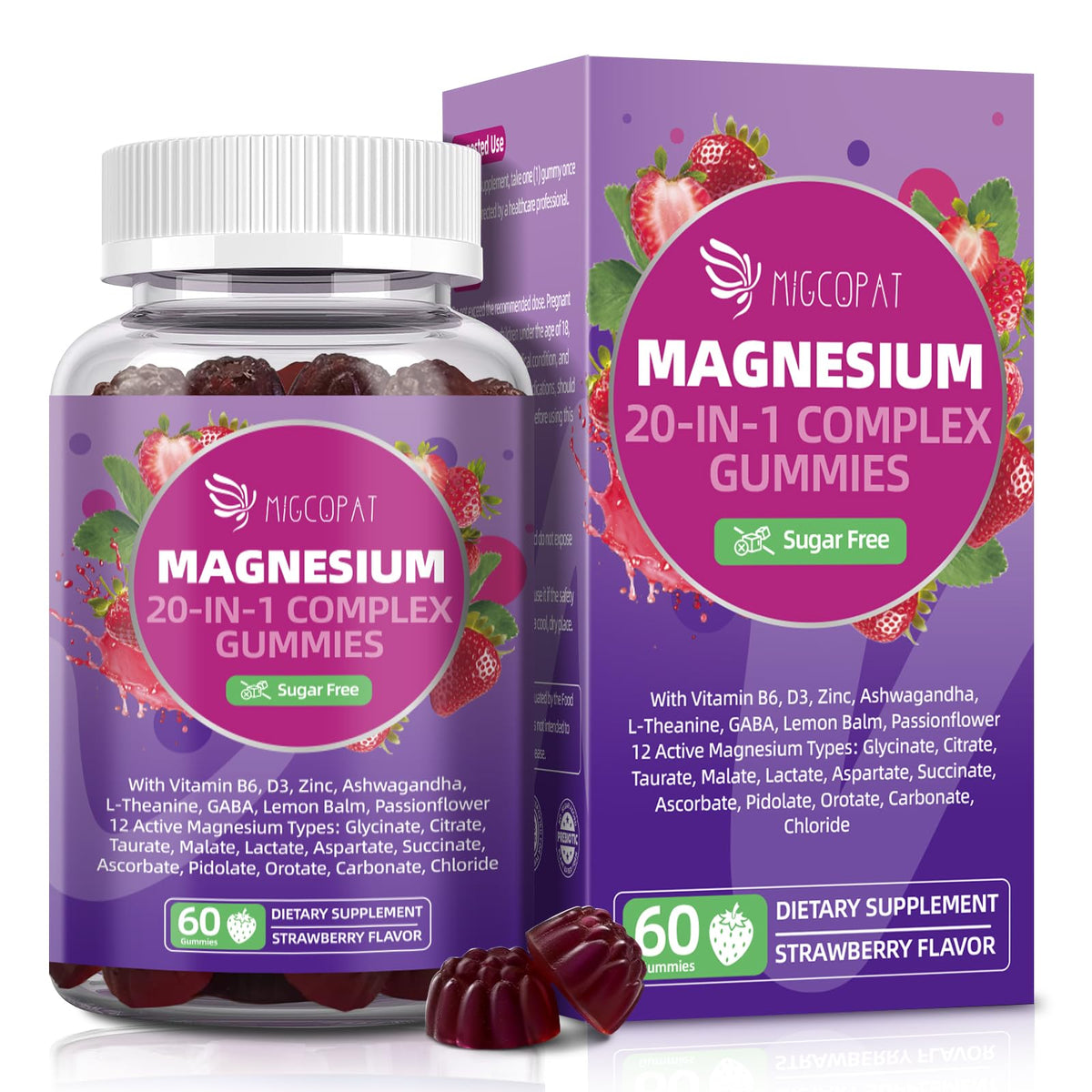 Migcopat Magnesium Complex Gummies, 20 in 1 Magnesium Gummy with Glycinate Citrate Malate Taurate - Ashwagandha, L-Theanine, D3&Zinc for Relaxation, Sleep, Muscle&Heart Support, Strawberry, 60 Cts - dailyvitalstore