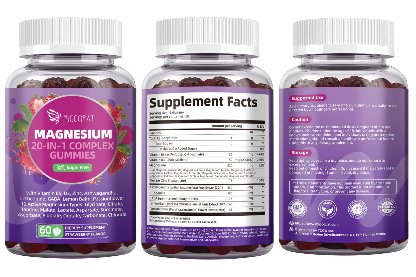 Migcopat Magnesium Complex Gummies, 20 in 1 Magnesium Gummy with Glycinate Citrate Malate Taurate - Ashwagandha, L-Theanine, D3&Zinc for Relaxation, Sleep, Muscle&Heart Support, Strawberry, 60 Cts - dailyvitalstore