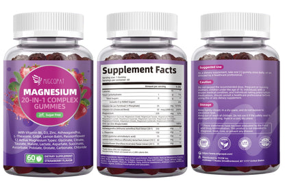 Migcopat Magnesium Complex Gummies, 20 in 1 Magnesium Gummy with Glycinate Citrate Malate Taurate - Ashwagandha, L-Theanine, D3&Zinc for Relaxation, Sleep, Muscle&Heart Support, Strawberry, 60 Cts - dailyvitalstore