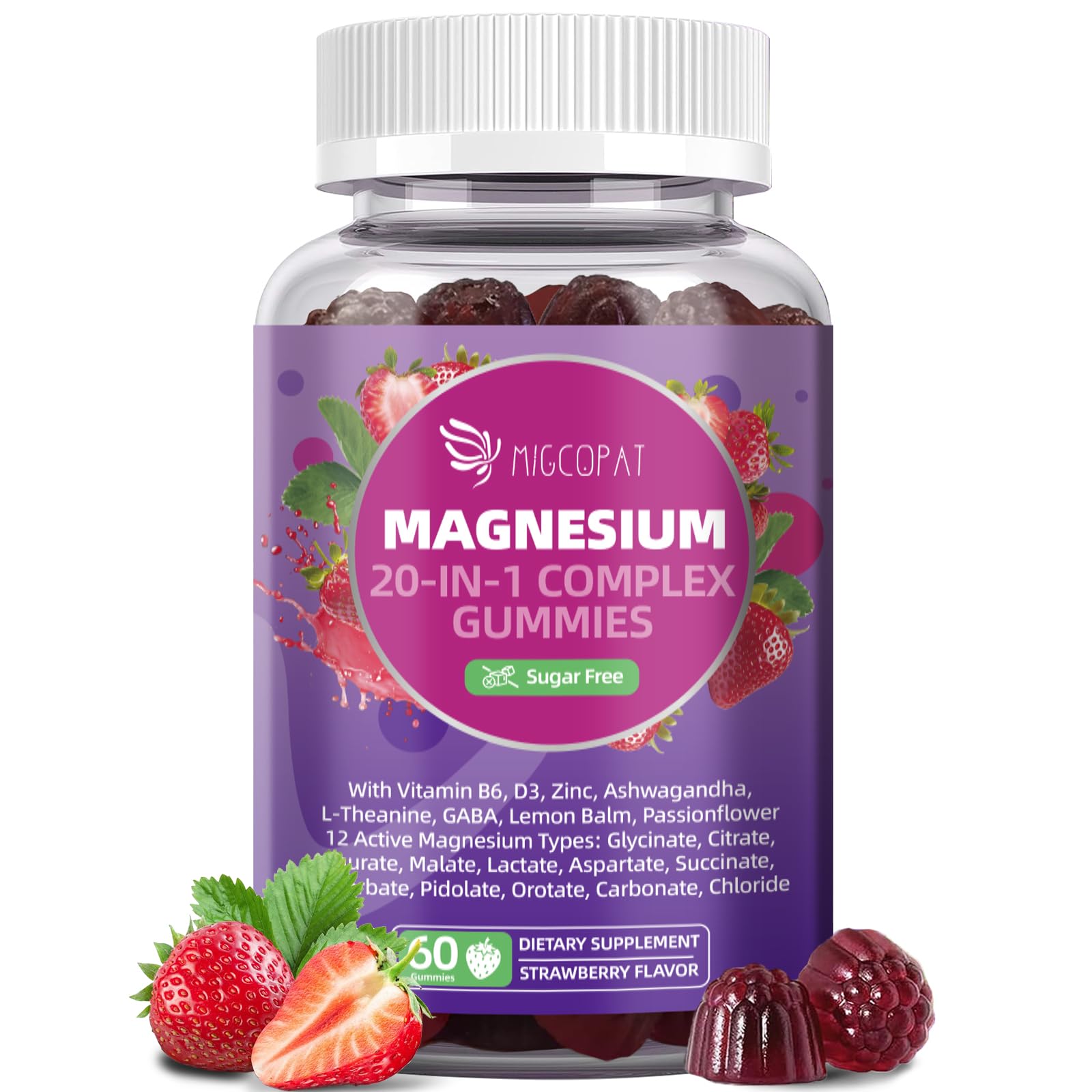Migcopat Magnesium Complex Gummies, 20 in 1 Magnesium Gummy with Glycinate Citrate Malate Taurate - Ashwagandha, L-Theanine, D3&Zinc for Relaxation, Sleep, Muscle&Heart Support, Strawberry, 60 Cts - dailyvitalstore