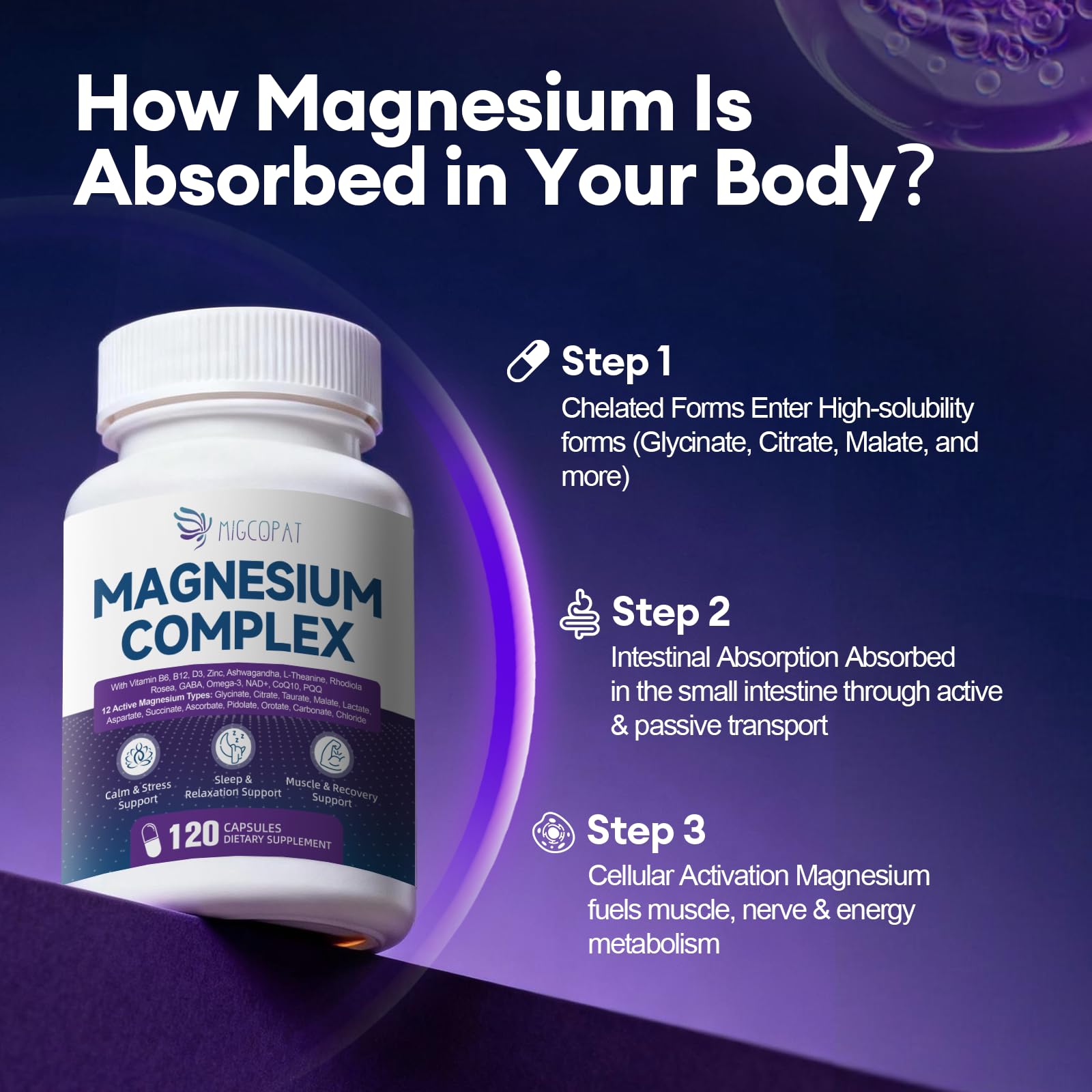 Migcopat Magnesium Complex w/Magnesium Glycinate, Malate, Citrate | 24-in-1 Magnesium Supplement w/Ashwagandha, L-Theanine & NAD+ | Supports Calm, Energy, Muscle & Sleep | Non-GMO, 120 Vegan Caps - dailyvitalstore