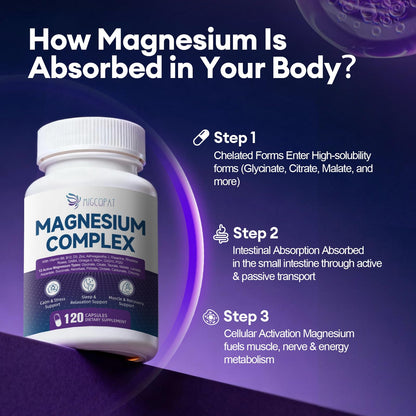 Migcopat Magnesium Complex w/Magnesium Glycinate, Malate, Citrate | 24-in-1 Magnesium Supplement w/Ashwagandha, L-Theanine & NAD+ | Supports Calm, Energy, Muscle & Sleep | Non-GMO, 120 Vegan Caps - dailyvitalstore