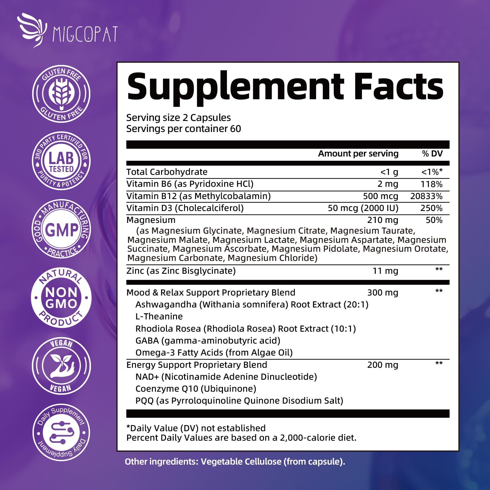 Migcopat Magnesium Complex w/Magnesium Glycinate, Malate, Citrate | 24-in-1 Magnesium Supplement w/Ashwagandha, L-Theanine & NAD+ | Supports Calm, Energy, Muscle & Sleep | Non-GMO, 120 Vegan Caps - dailyvitalstore