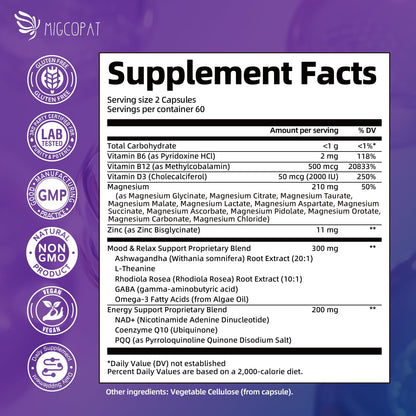 Migcopat Magnesium Complex w/Magnesium Glycinate, Malate, Citrate | 24-in-1 Magnesium Supplement w/Ashwagandha, L-Theanine & NAD+ | Supports Calm, Energy, Muscle & Sleep | Non-GMO, 120 Vegan Caps - dailyvitalstore