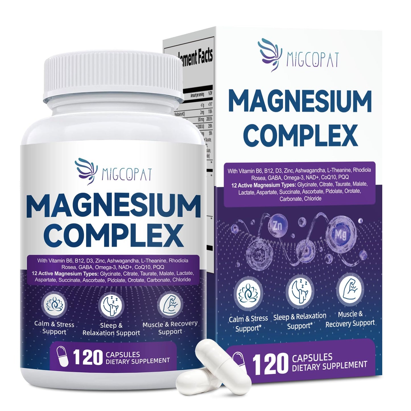 Migcopat Magnesium Complex w/Magnesium Glycinate, Malate, Citrate | 24-in-1 Magnesium Supplement w/Ashwagandha, L-Theanine & NAD+ | Supports Calm, Energy, Muscle & Sleep | Non-GMO, 120 Vegan Caps - dailyvitalstore