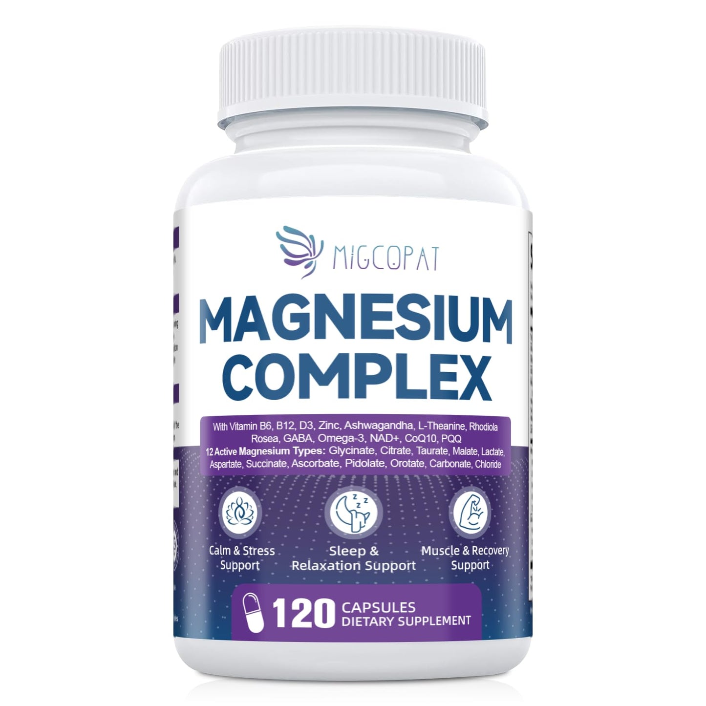Migcopat Magnesium Complex w/Magnesium Glycinate, Malate, Citrate | 24-in-1 Magnesium Supplement w/Ashwagandha, L-Theanine & NAD+ | Supports Calm, Energy, Muscle & Sleep | Non-GMO, 120 Vegan Caps - dailyvitalstore