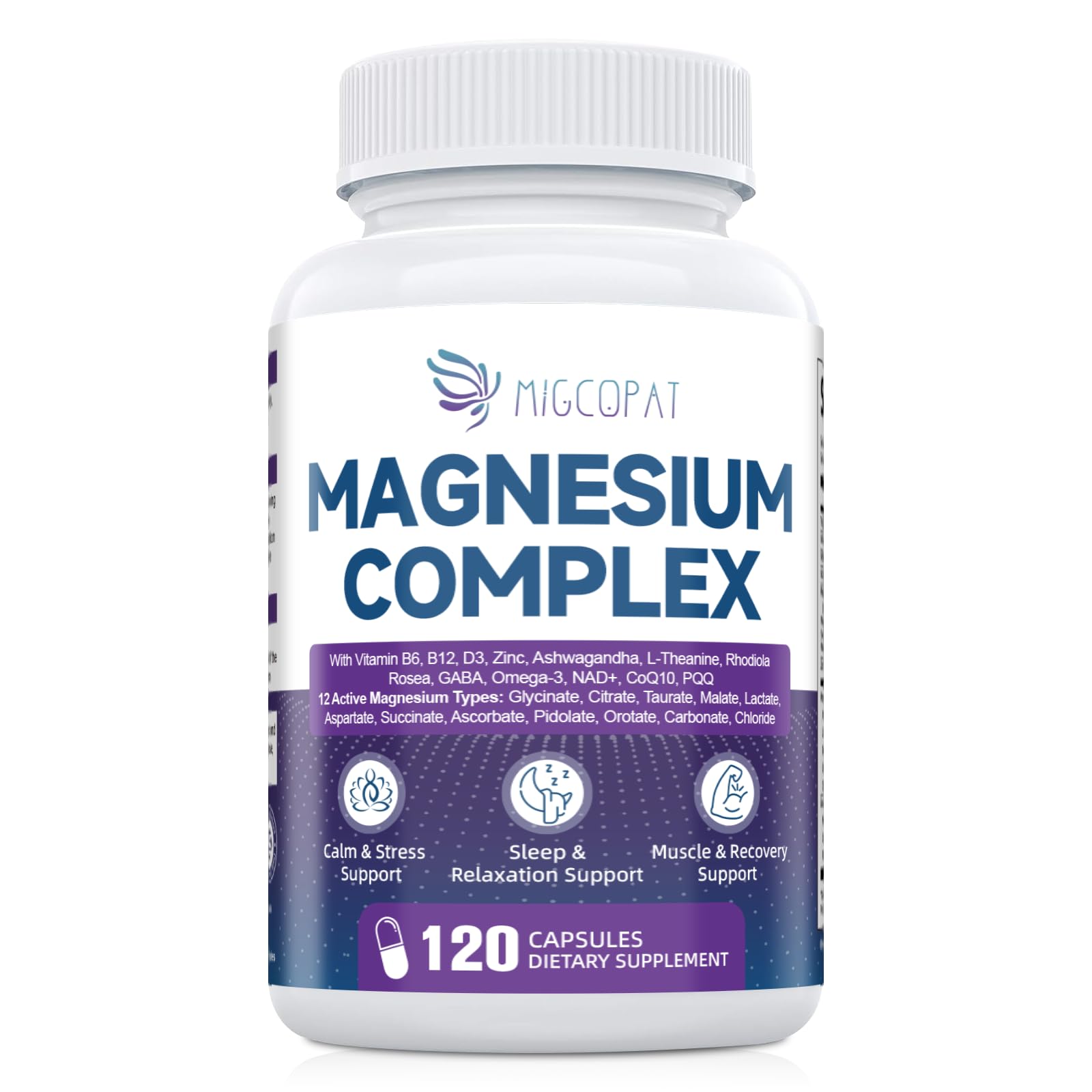 Migcopat Magnesium Complex w/Magnesium Glycinate, Malate, Citrate | 24-in-1 Magnesium Supplement w/Ashwagandha, L-Theanine & NAD+ | Supports Calm, Energy, Muscle & Sleep | Non-GMO, 120 Vegan Caps - dailyvitalstore