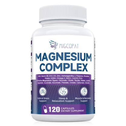 Migcopat Magnesium Complex w/Magnesium Glycinate, Malate, Citrate | 24-in-1 Magnesium Supplement w/Ashwagandha, L-Theanine & NAD+ | Supports Calm, Energy, Muscle & Sleep | Non-GMO, 120 Vegan Caps - dailyvitalstore