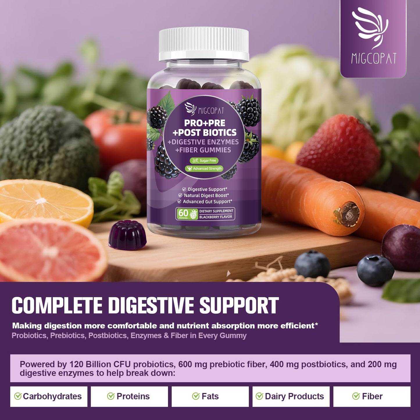 Migcopat Pre Post Probiotics Gummies, Probiotic Prebiotic Postbiotic Digestive Enzymes with Fiber, 120 Billion CFU Probiotics Complete Gut Support, Sugar Free - dailyvitalstore