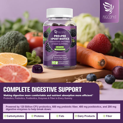 Migcopat Pre Post Probiotics Gummies, Probiotic Prebiotic Postbiotic Digestive Enzymes with Fiber, 120 Billion CFU Probiotics Complete Gut Support, Sugar Free - dailyvitalstore