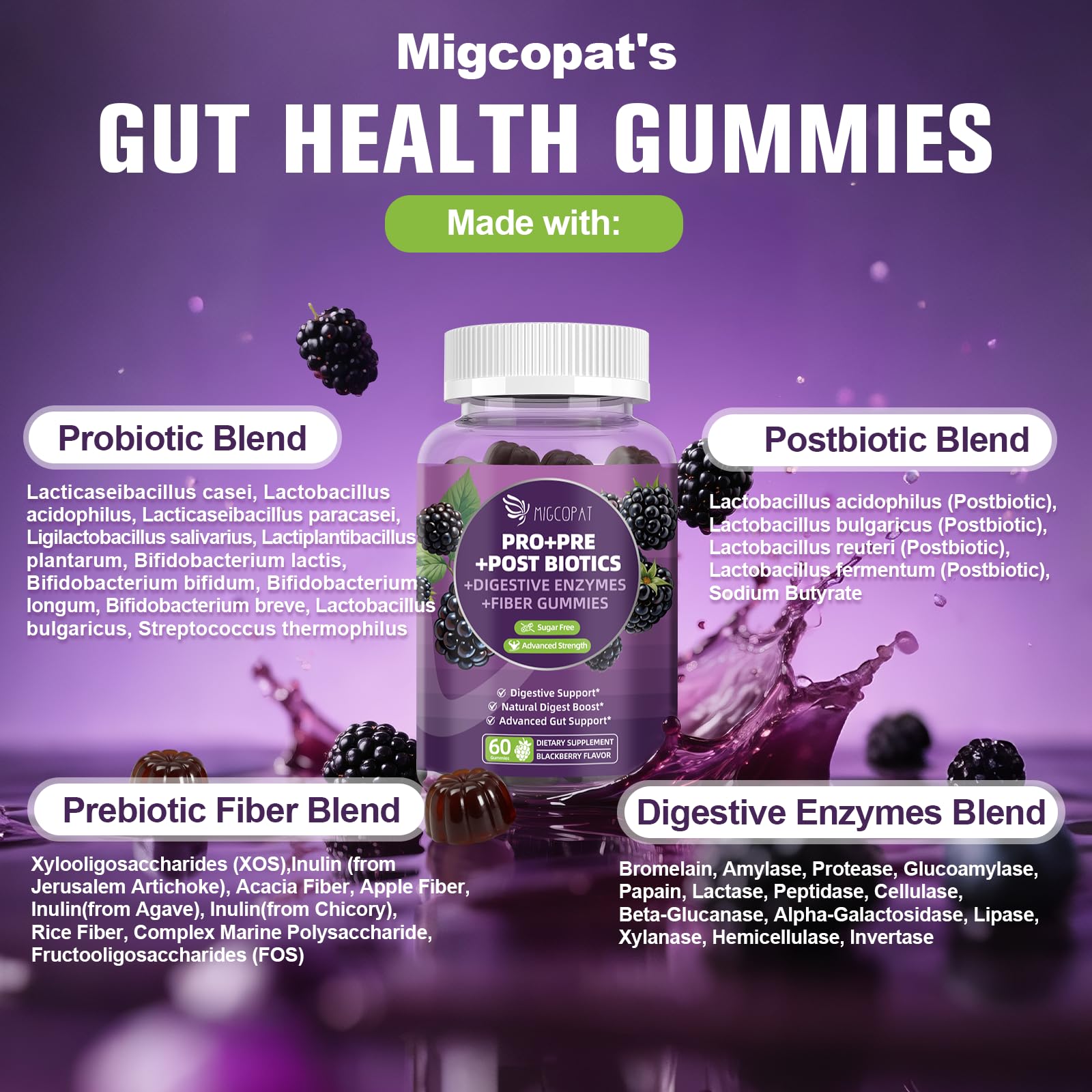 Migcopat Pre Post Probiotics Gummies, Probiotic Prebiotic Postbiotic Digestive Enzymes with Fiber, 120 Billion CFU Probiotics Complete Gut Support, Sugar Free - dailyvitalstore