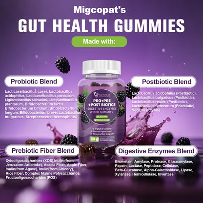 Migcopat Pre Post Probiotics Gummies, Probiotic Prebiotic Postbiotic Digestive Enzymes with Fiber, 120 Billion CFU Probiotics Complete Gut Support, Sugar Free - dailyvitalstore