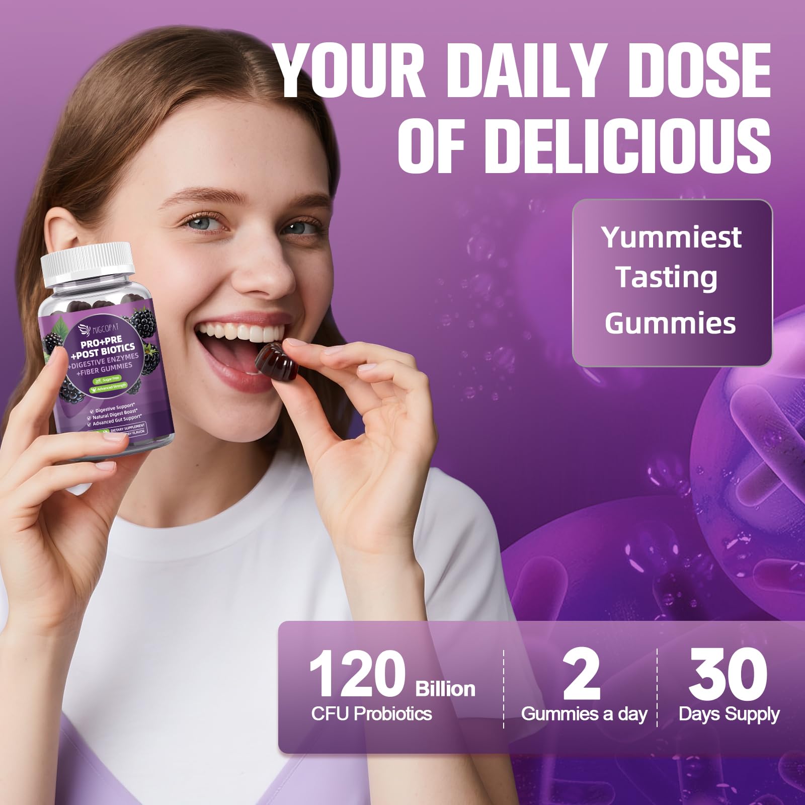 Migcopat Pre Post Probiotics Gummies, Probiotic Prebiotic Postbiotic Digestive Enzymes with Fiber, 120 Billion CFU Probiotics Complete Gut Support, Sugar Free - dailyvitalstore