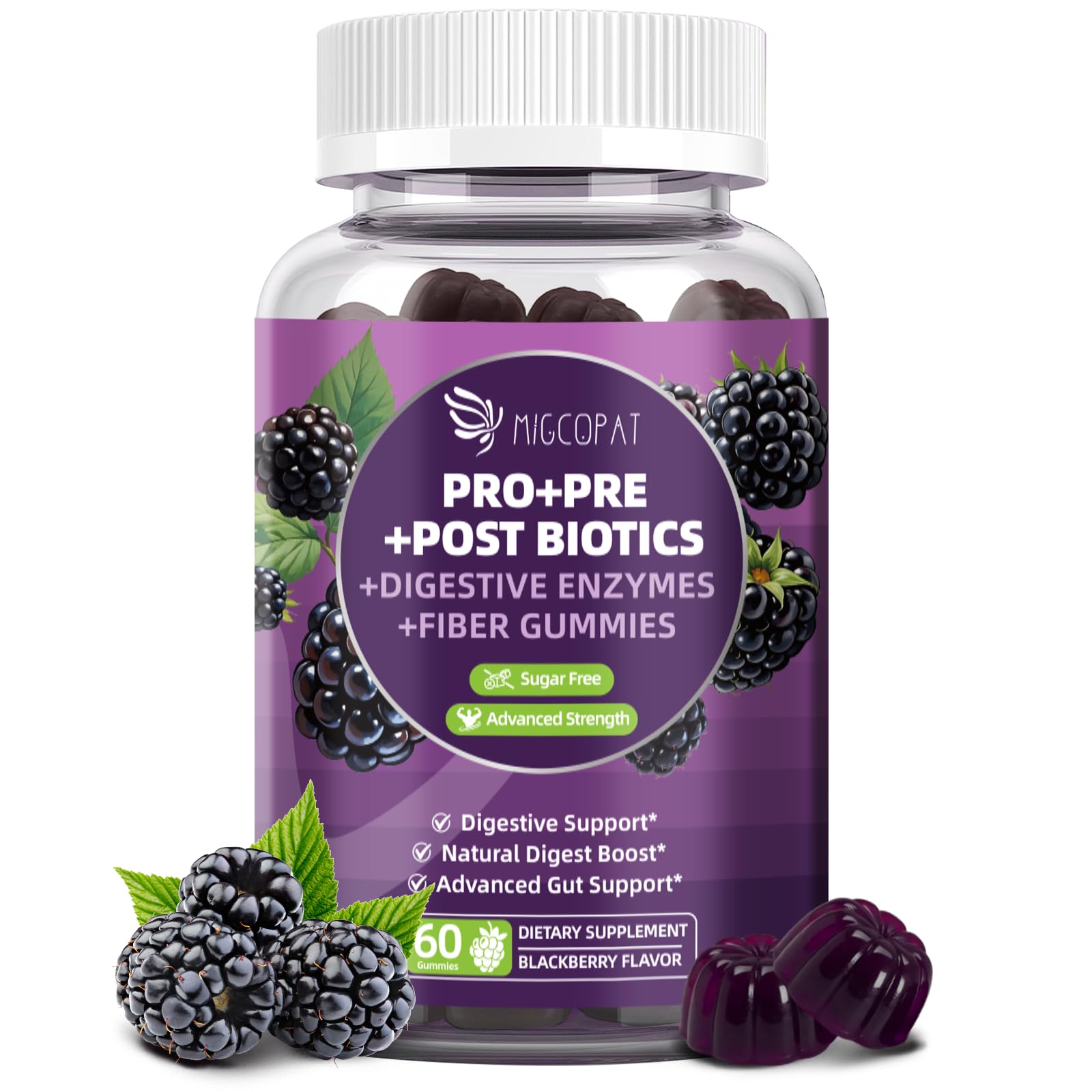 Migcopat Pre Post Probiotics Gummies, Probiotic Prebiotic Postbiotic Digestive Enzymes with Fiber, 120 Billion CFU Probiotics Complete Gut Support, Sugar Free - dailyvitalstore