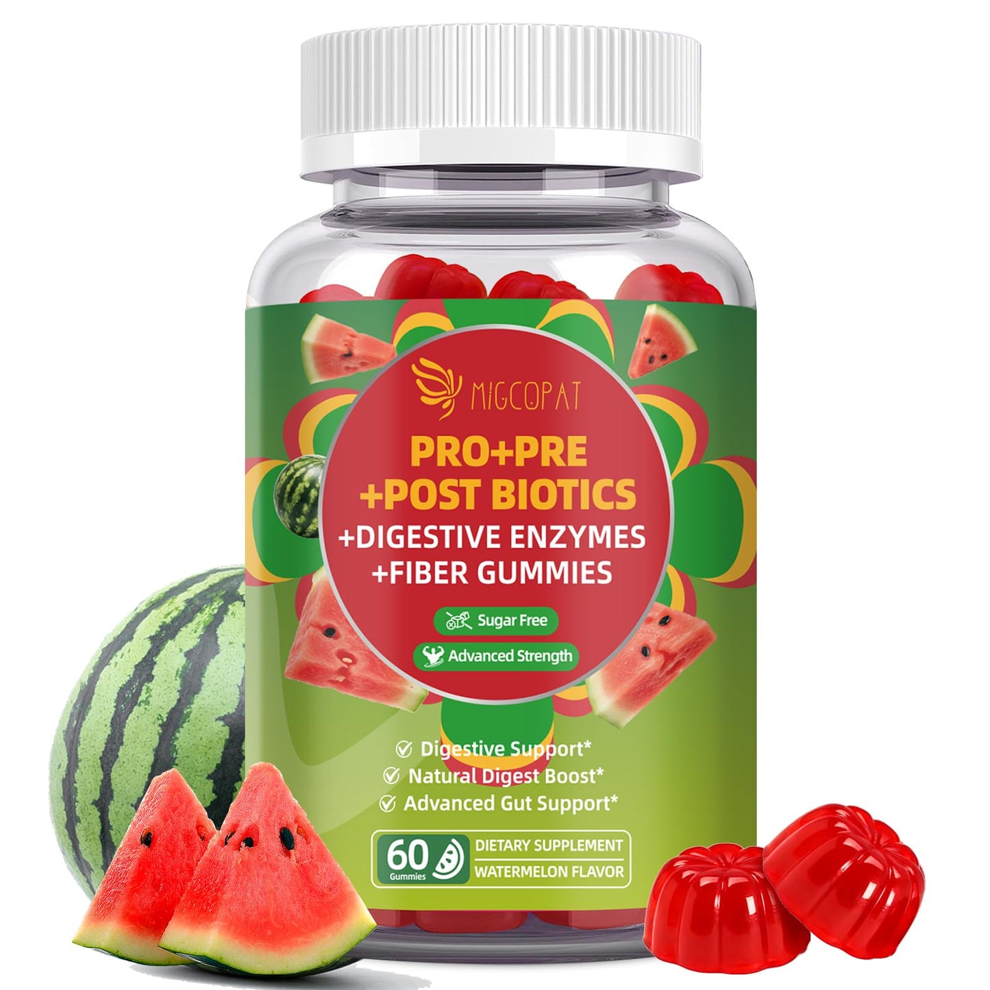 Migcopat Pre Post Probiotics Gummies, Probiotic Prebiotic Postbiotic Digestive Enzymes with Fiber, 120 Billion CFU Probiotics - Digestive Health - dailyvitalstore