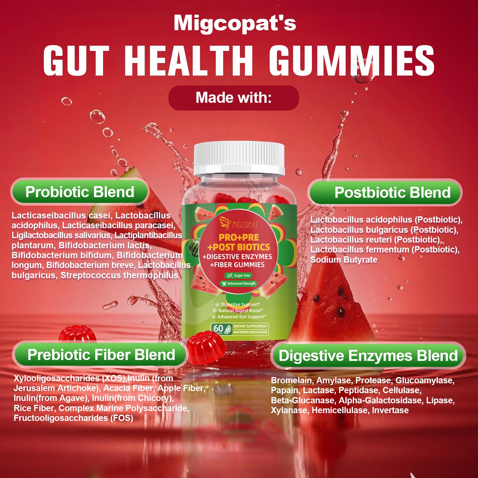 Migcopat Pre Post Probiotics Gummies, Probiotic Prebiotic Postbiotic Digestive Enzymes with Fiber, 120 Billion CFU Probiotics - Digestive Health - dailyvitalstore