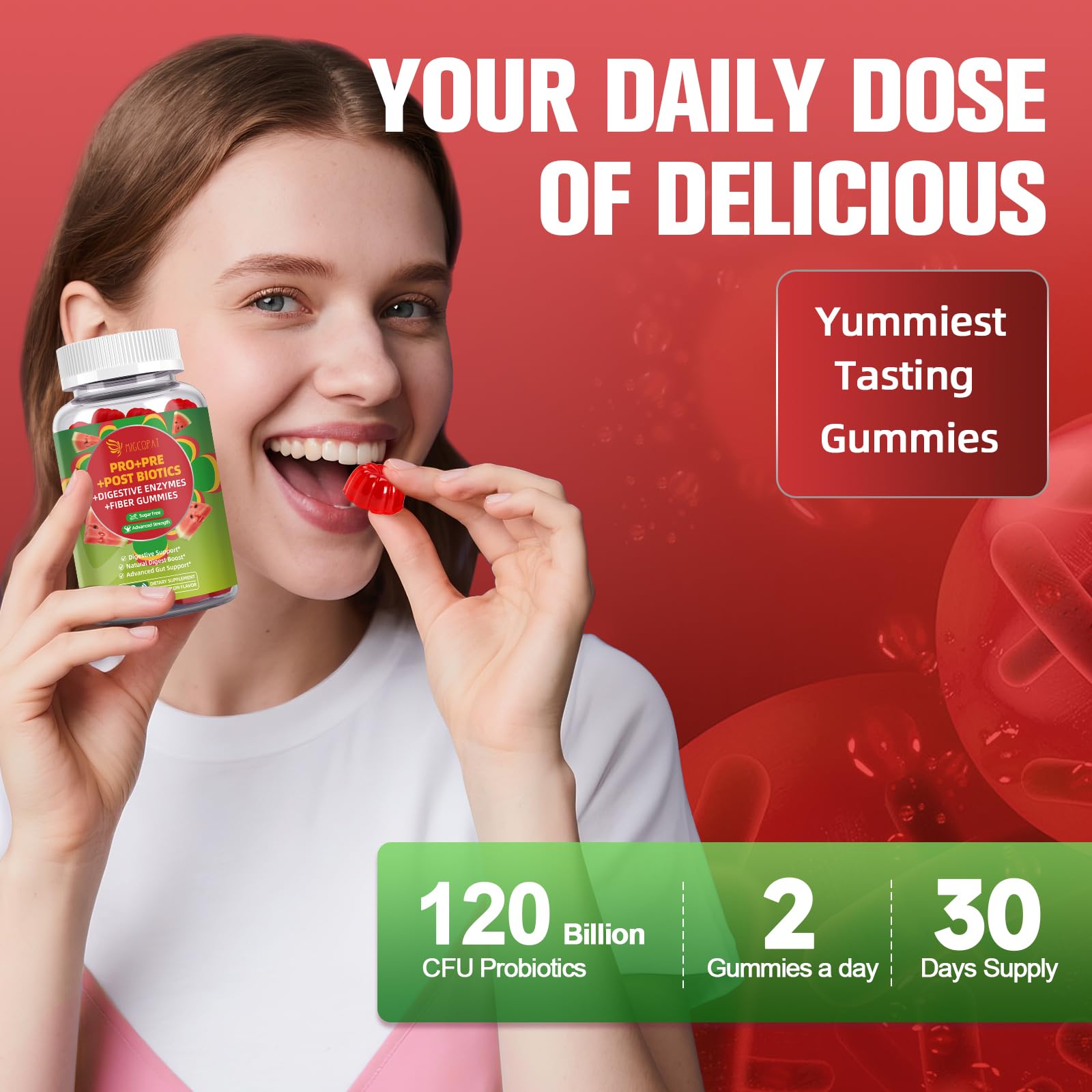 Migcopat Pre Post Probiotics Gummies, Probiotic Prebiotic Postbiotic Digestive Enzymes with Fiber, 120 Billion CFU Probiotics - Digestive Health - dailyvitalstore