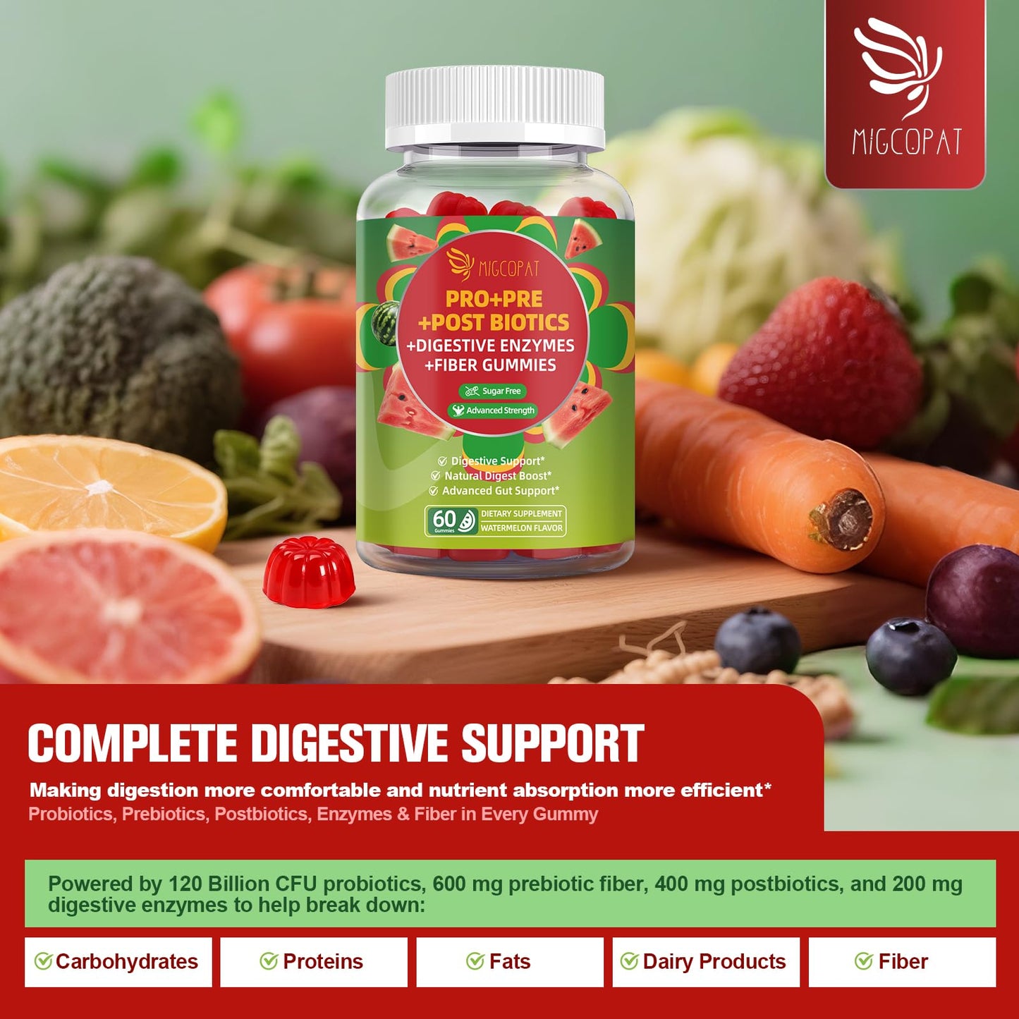 Migcopat Pre Post Probiotics Gummies, Probiotic Prebiotic Postbiotic Digestive Enzymes with Fiber, 120 Billion CFU Probiotics - Digestive Health - dailyvitalstore