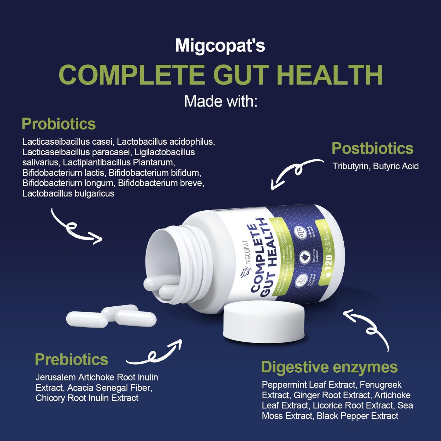 Migcopat Probiotic Prebiotic, Postbiotic & Digestive Enzymes for Digestive Health, 80 Billion CFU Probiotics Complete Gut Support with Berberine, Cinnamon, L-Glutamine - dailyvitalstore