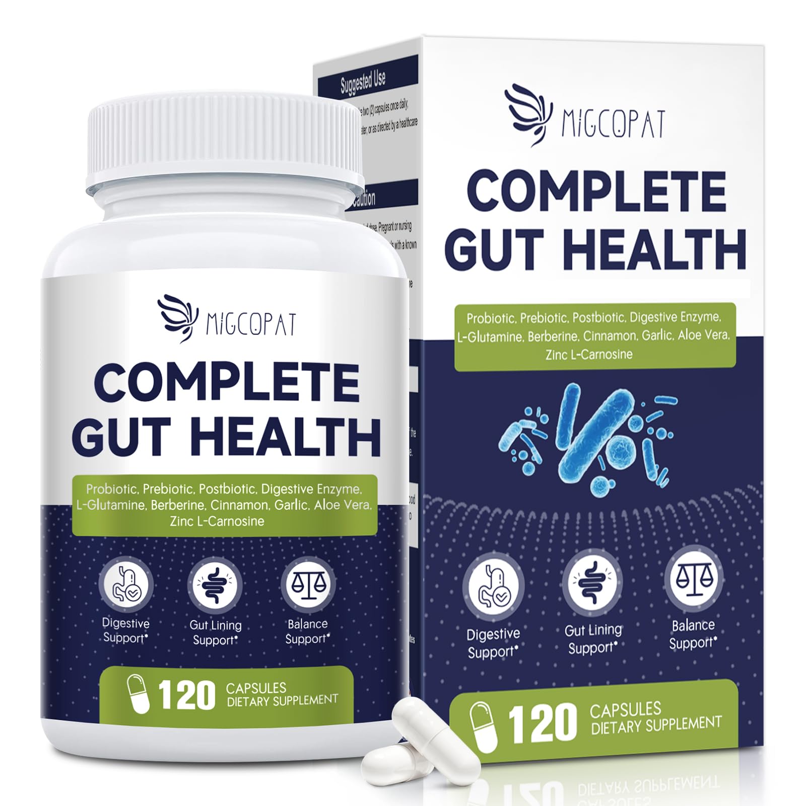 Migcopat Probiotic Prebiotic, Postbiotic & Digestive Enzymes for Digestive Health, 80 Billion CFU Probiotics Complete Gut Support with Berberine, Cinnamon, L-Glutamine - dailyvitalstore