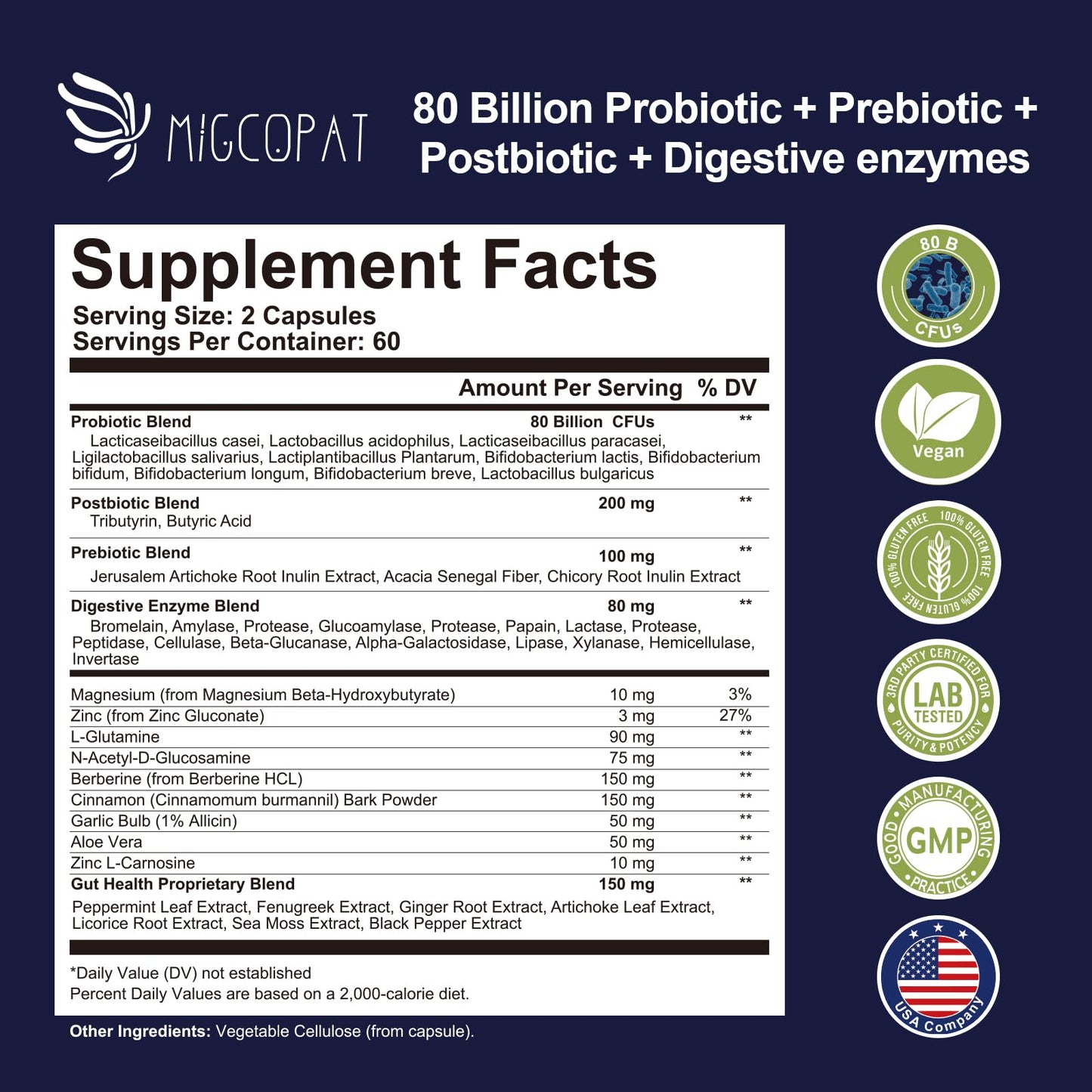 Migcopat Probiotic Prebiotic, Postbiotic & Digestive Enzymes for Digestive Health, 80 Billion CFU Probiotics Complete Gut Support with Berberine, Cinnamon, L-Glutamine - dailyvitalstore