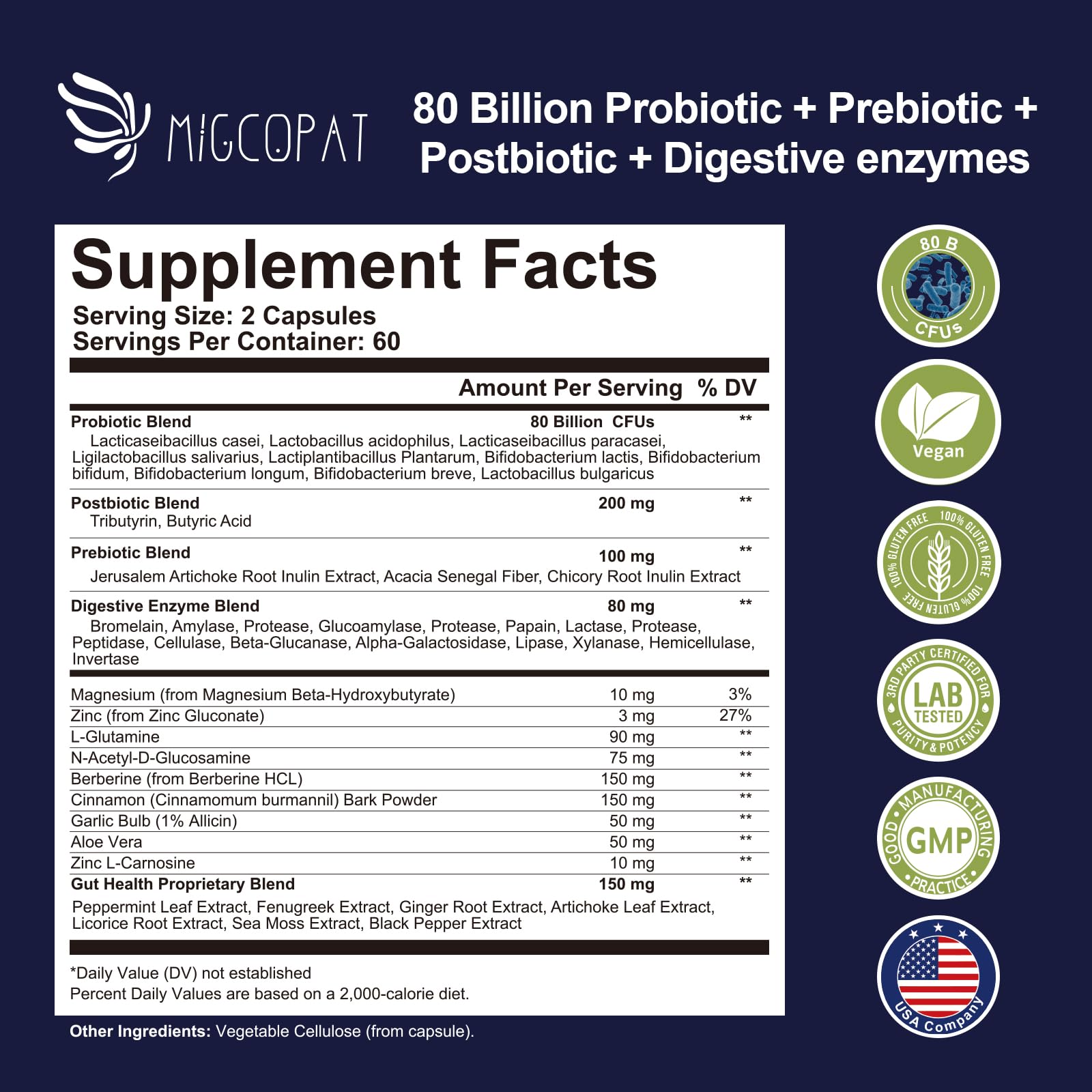 Migcopat Probiotic Prebiotic, Postbiotic & Digestive Enzymes for Digestive Health, 80 Billion CFU Probiotics Complete Gut Support with Berberine, Cinnamon, L-Glutamine - dailyvitalstore