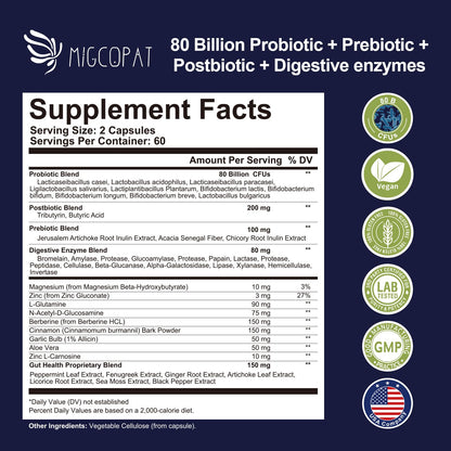 Migcopat Probiotic Prebiotic, Postbiotic & Digestive Enzymes for Digestive Health, 80 Billion CFU Probiotics Complete Gut Support with Berberine, Cinnamon, L-Glutamine - dailyvitalstore