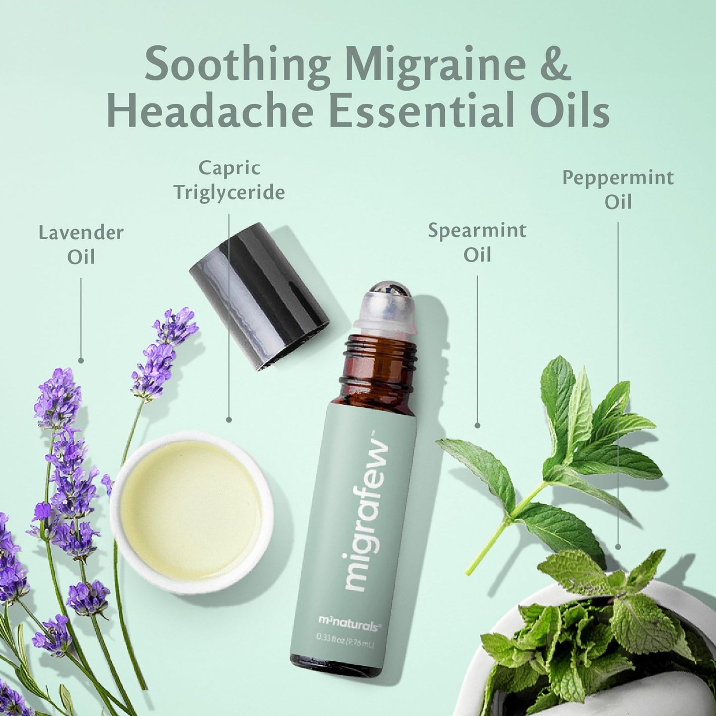 MigraFew Aromatherapy Migraine Roll On | Compact Headache Relief with Cooling Metal Roller for Head Tension and Pressure, Made with Peppermint, Spearmint and Lavender Essential Oils (0.33 FL oz) by M3 - dailyvitalstore