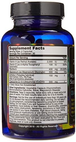 Migraine Relief, Quad-Formula with PA-Free Butterbur (150mg), CoQ10 (300mg), Magnesium Glycinate (300mg), High-Dose Riboflavin (400mg) - MigrA Zero (120 Caps) Optimal Dosing for Migraine Sufferers - dailyvitalstore