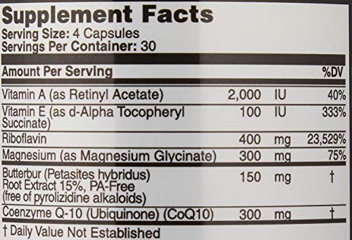 Migraine Relief, Quad-Formula with PA-Free Butterbur (150mg), CoQ10 (300mg), Magnesium Glycinate (300mg), High-Dose Riboflavin (400mg) - MigrA Zero (120 Caps) Optimal Dosing for Migraine Sufferers - dailyvitalstore